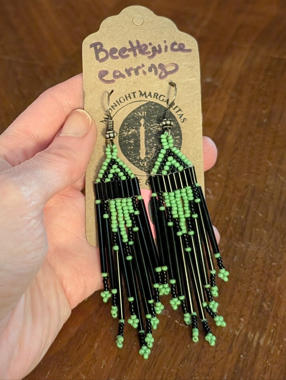 Beetlejuice Inspired Black & Neon Green Beaded Fringe Earrings Handmade Goth